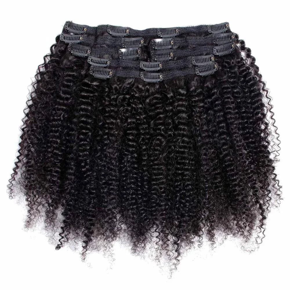 Kinky Curly Clip In Extensions Human Hair 14 Inch Natural Black 7Pcs
